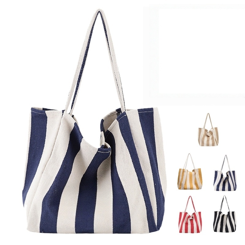 Large Striped Canvas Tote Bag for Beach and Casual Outings