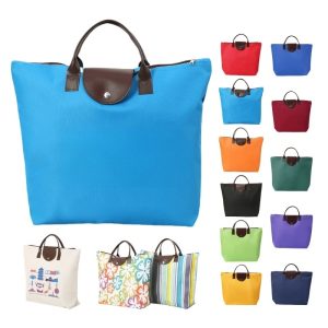 Foldable Oxford Tote Grocery Bag with Leather Handles