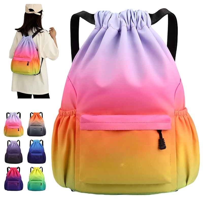 Large Gradient Drawstring Sports Backpack with Front Pocket