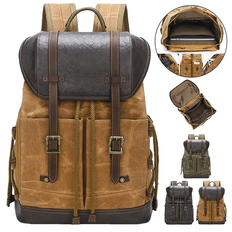 Vintage Canvas Leather Backpack With Large Outdoor Capacity