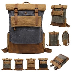 Vintage Waxed Canvas Roll Top Backpack Leather Strap Travel