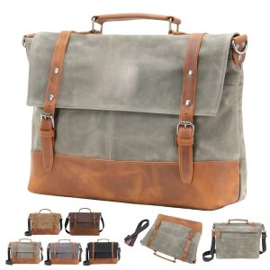 Vintage Canvas Messenger Bag Leather Trim Work Laptop