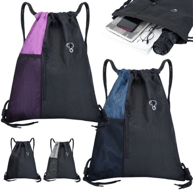Two Tone Drawstring Backpack with Zipper Pocket