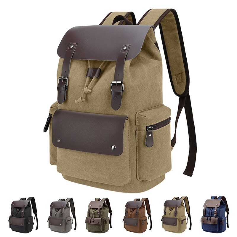 Vintage Canvas Laptop Backpack With Leather Trim