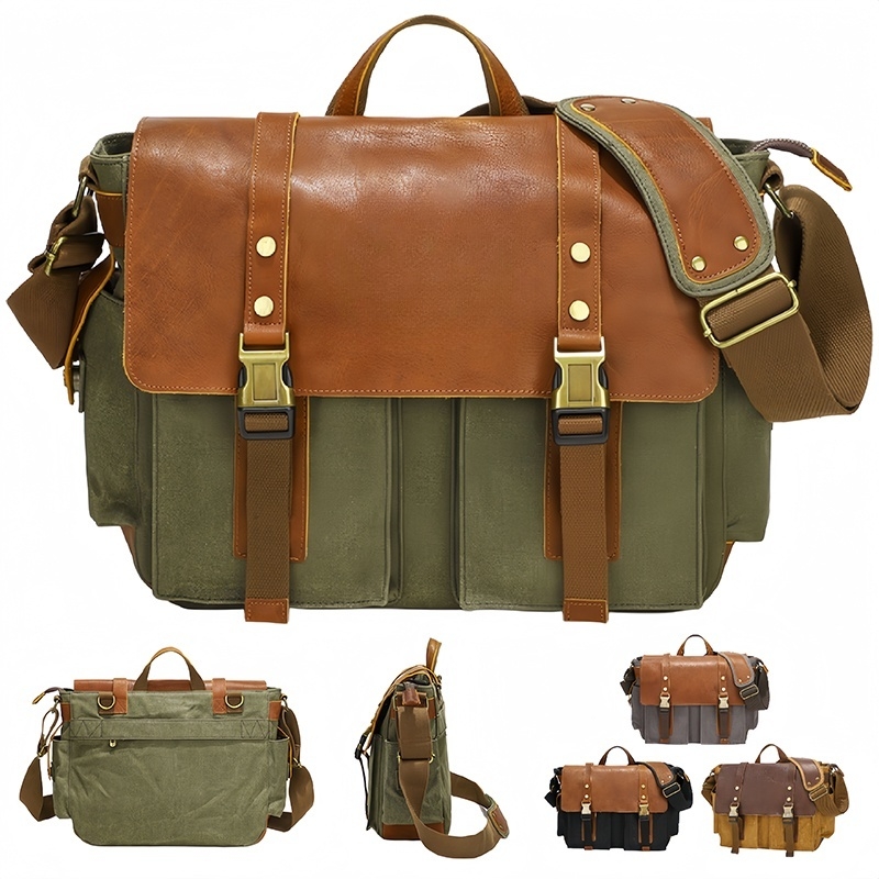 Canvas Leather Messenger Bag Vintage Laptop Satchel