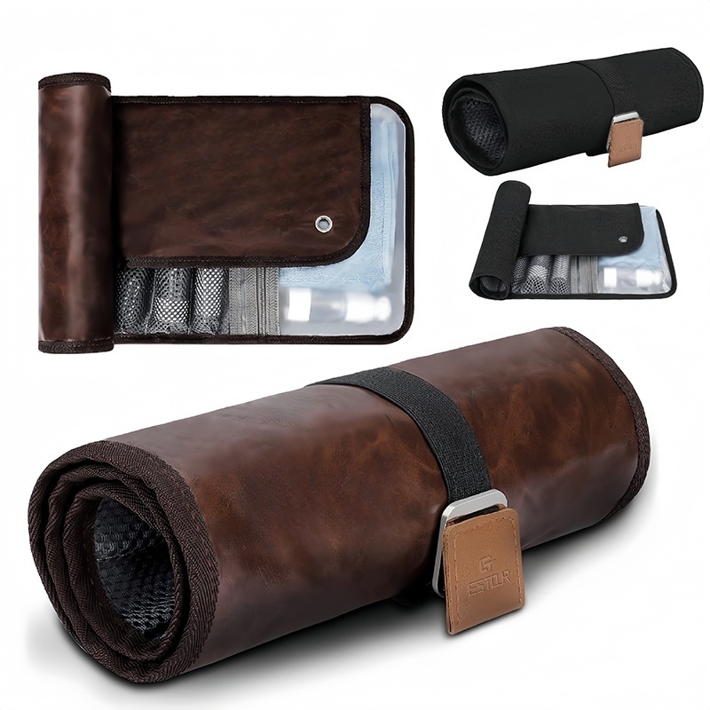 Leather Roll Up Toiletry Bag Travel Organizer for Men